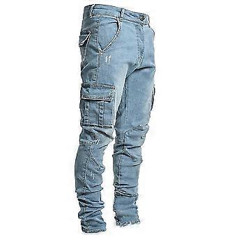 Men Cargo Denim Pants Skinny Jeans Casual Slim Fit Trousers