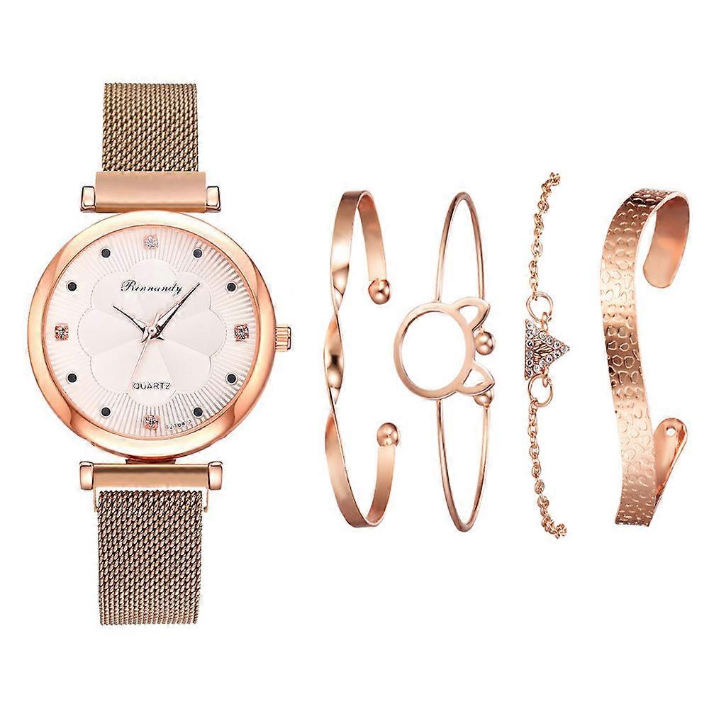 Ladies Fashion Simple Mesh Belt Magnetite Quartz Watch + Bracelet Set