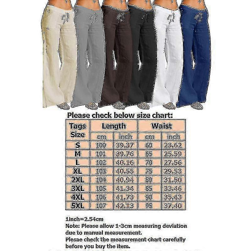 Dam bomull linne breda ben byxor solid casual elastisk midja långbyxor