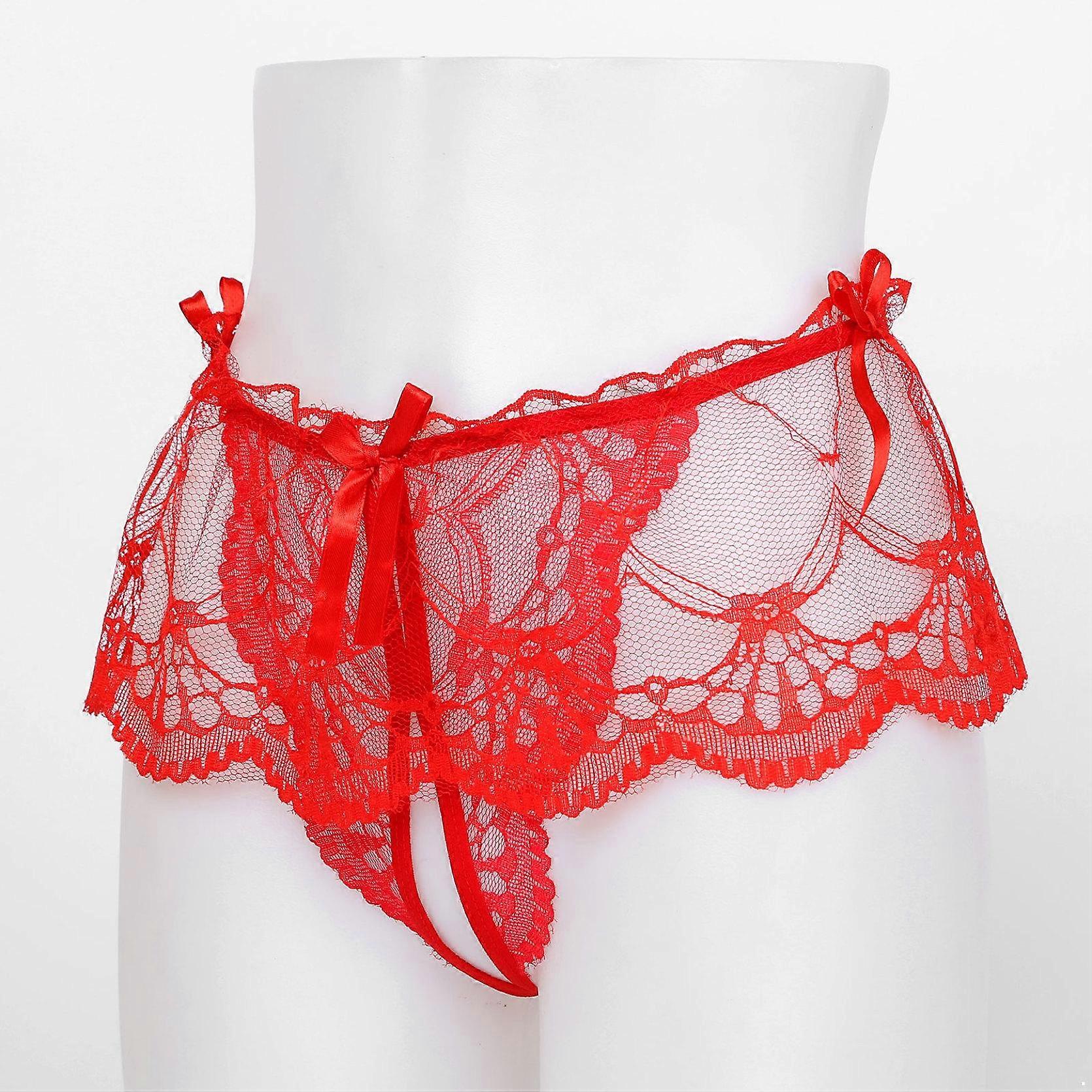 Men s Mesh Sheer Lace Skirted G-String Thong Sissy T-Back Briefs Bowknot Underwear