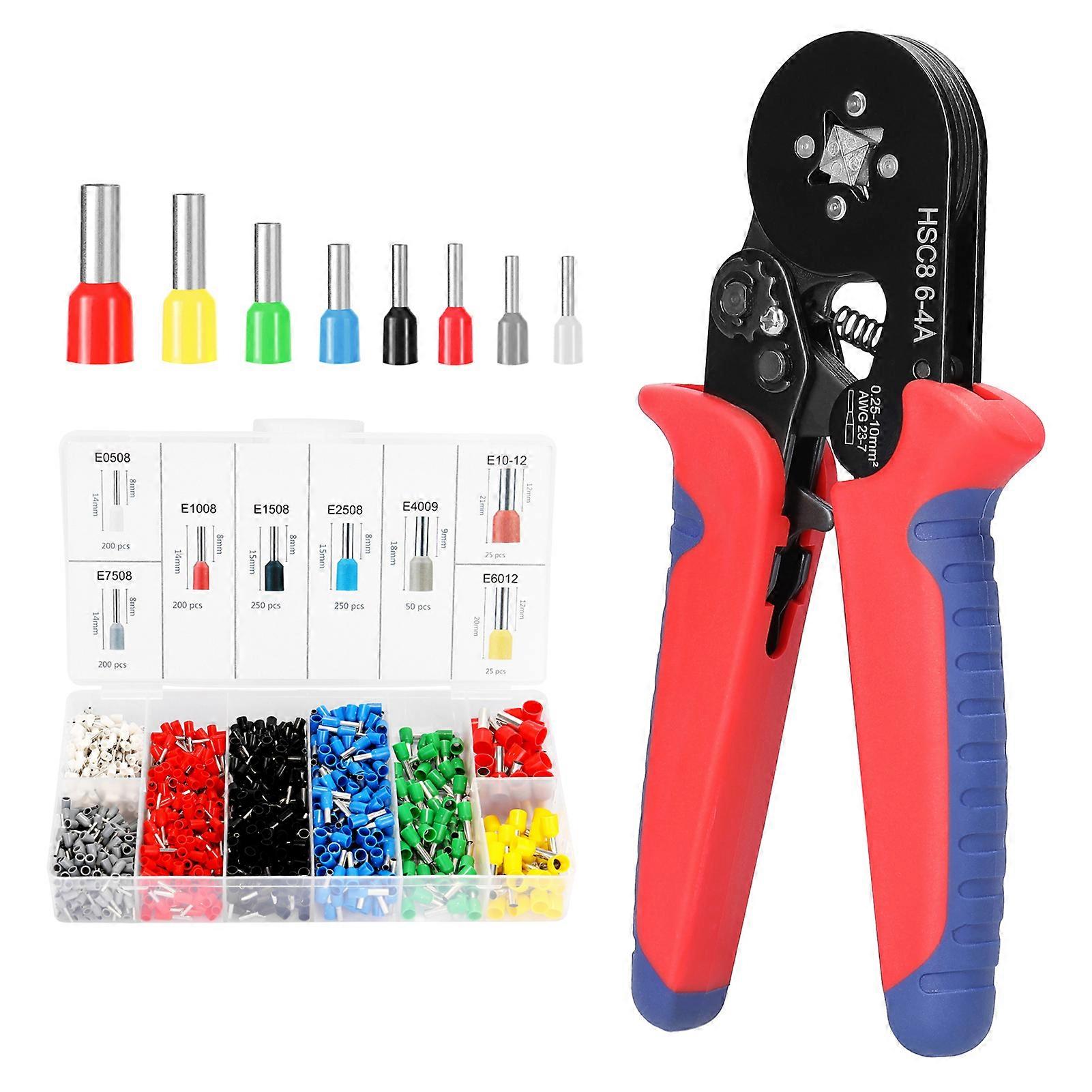 Ferrule Crimping Tool Kit High Hardness Crimper Plier with 1200pcs Wire Ferrules Crimp Ends Terminal HSC8 6-4 0.25-10m AWG23-7