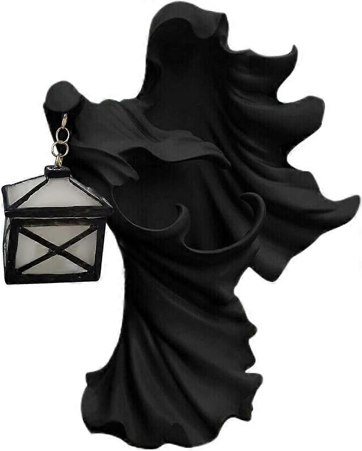 LED Halloween Ornament, Resin Witch Sculpture Statue Lantern Halloween Ghost Statue Hell Messenger with Lantern Halloween Ornament Decorative Lamp for