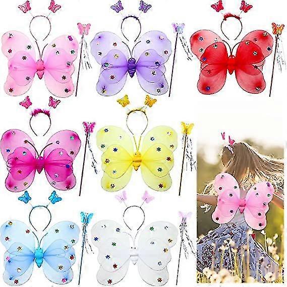 Ragazze farfalla fata ali Set - 7 set con bacchette e fasce per la festa di compleanno - Età da 2 a 12 - 7 colori