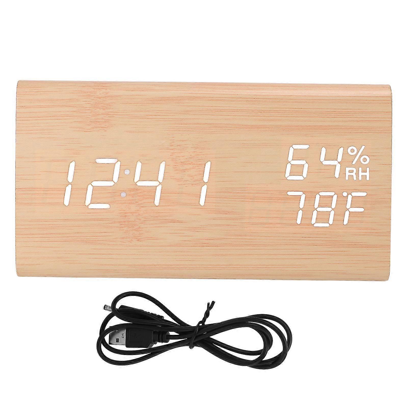 Digital Wood Clock with Triangular Design - Time, Date, Temperature, Humidity Display, Alarm Function, Voice Control LED