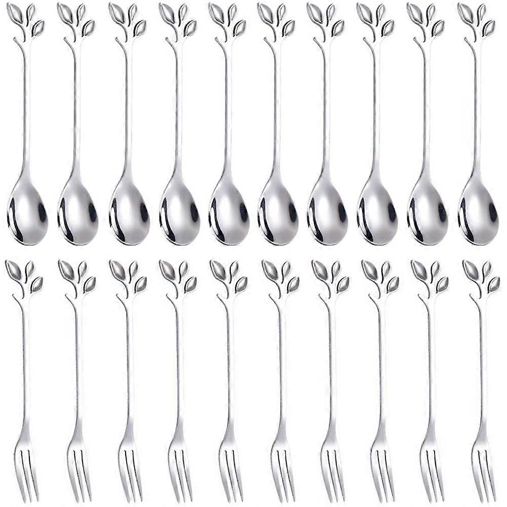 Dessert Spoon Fork Set,20 Pcs 4.7 Inch Cake Fork,Coffee Spoon, Silver Leaf Fruit Fork,(10 Spoon + 1