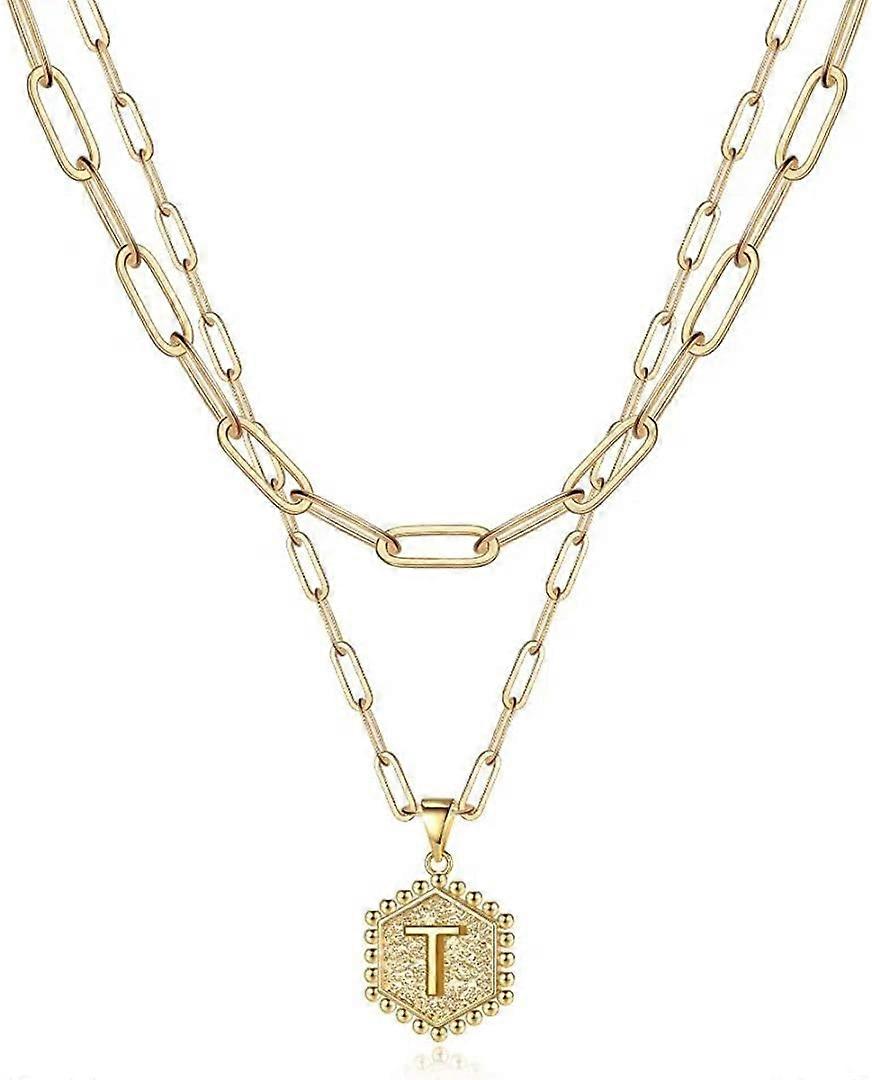 Délicat couches colliers initiales pour femmes, collier chaîne trombone plaqué or 14 carats Simple mignon hexagone lettre pendentif initiale collier ras de cou or L