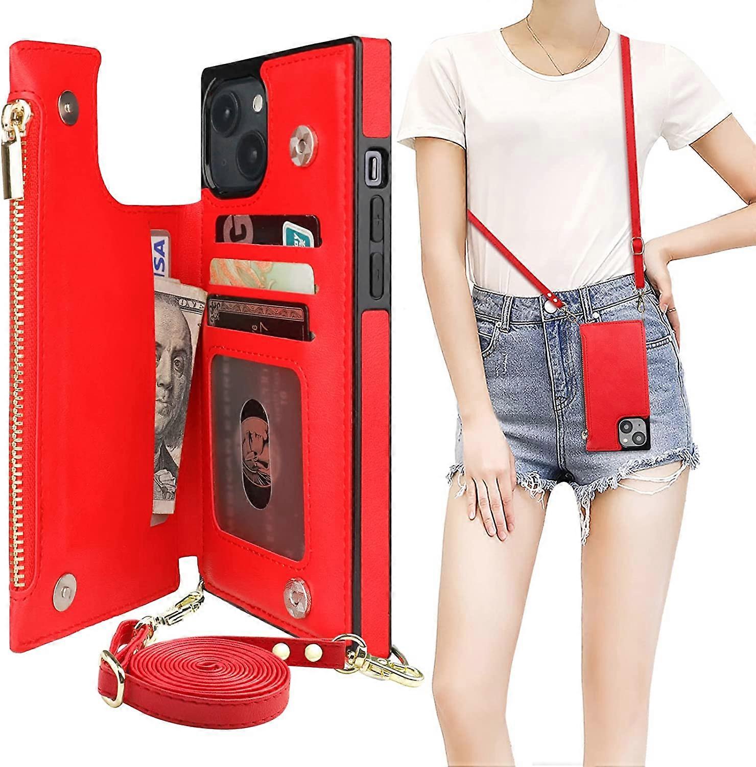 Crossbody Wallet Case for iPhone 14 Plus with RFID Blocking Card Slot Holder, Magnetic Flip Folio Purse Case, PU Leather Zipper Handbag with Detachabl