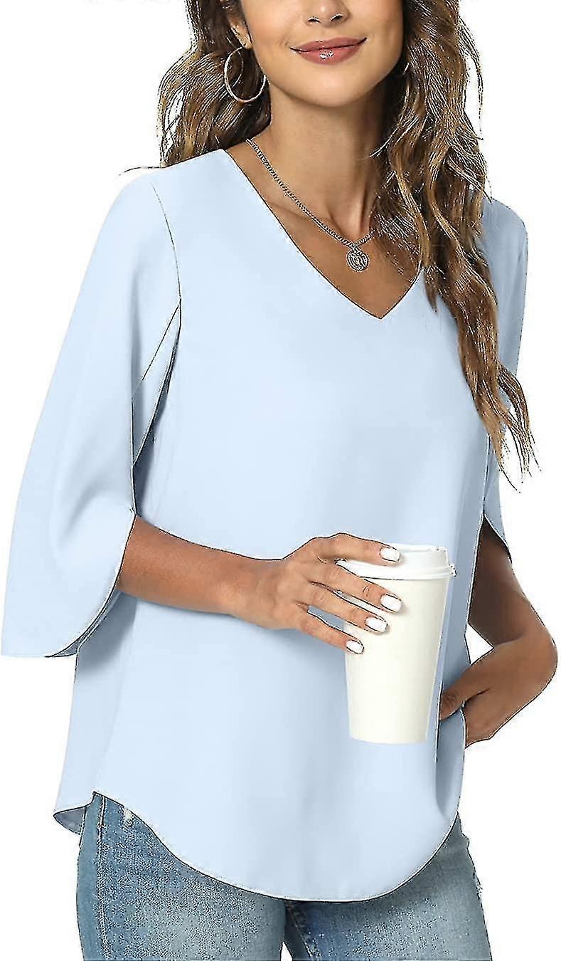 2023 قميص كاجوال نسائي صيفي ، بلوزة سترة فضفاضة برقبة على شكل V للبنطلون الداخلي ، سبليت 3/4 أكمام بلوزة شيفون