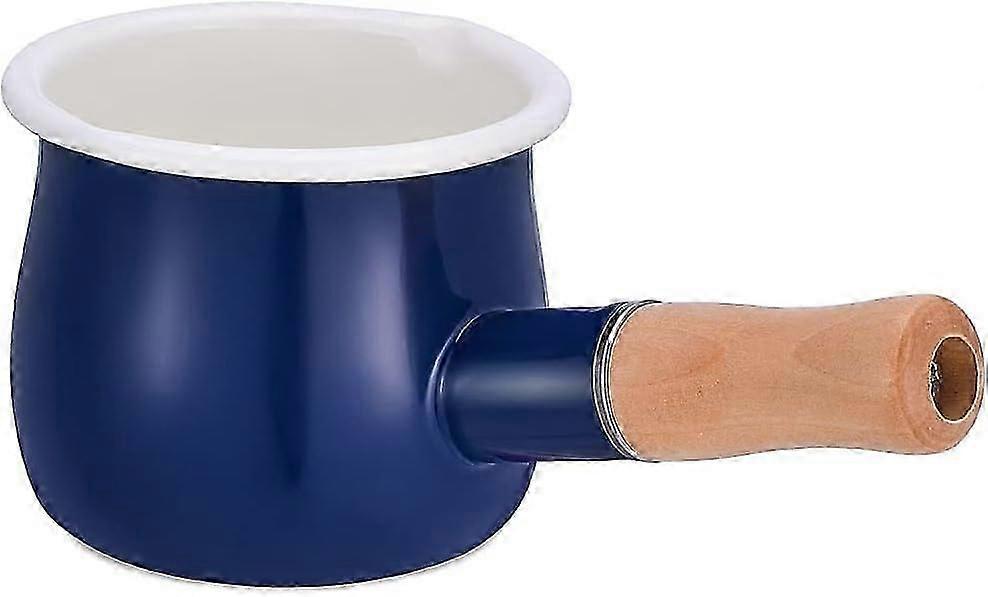 Home Enamel Milk Pan, Mini Butter Warmer 4 Inch 550ml Enamelware Saucepan Milk Warmer Small Cookware with Wooden Handle, Perfect Size for Heating Smal