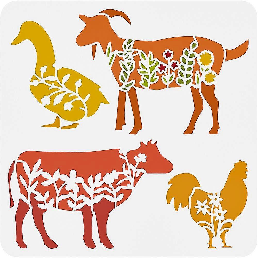 1pc Farm Animal Stencils 30x30cm Bull Sheep Chicken Duck with Flower Pattern Reusable Painting Templates for Scrapbooking Floor Furniture Wall Art