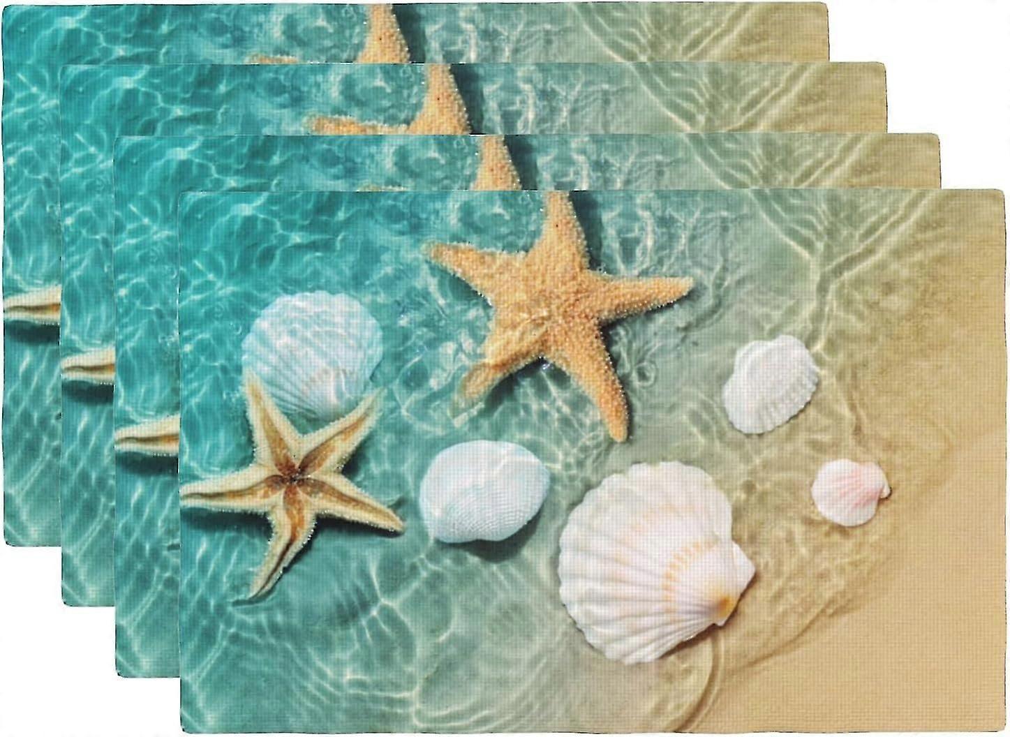 Shibingsheng Beach Placemats Set of 4 Starfish and Seashell on The Summer Ocean Linen Washable Place Mats Rectangle Cloth Table Mat for Party Kitchen 