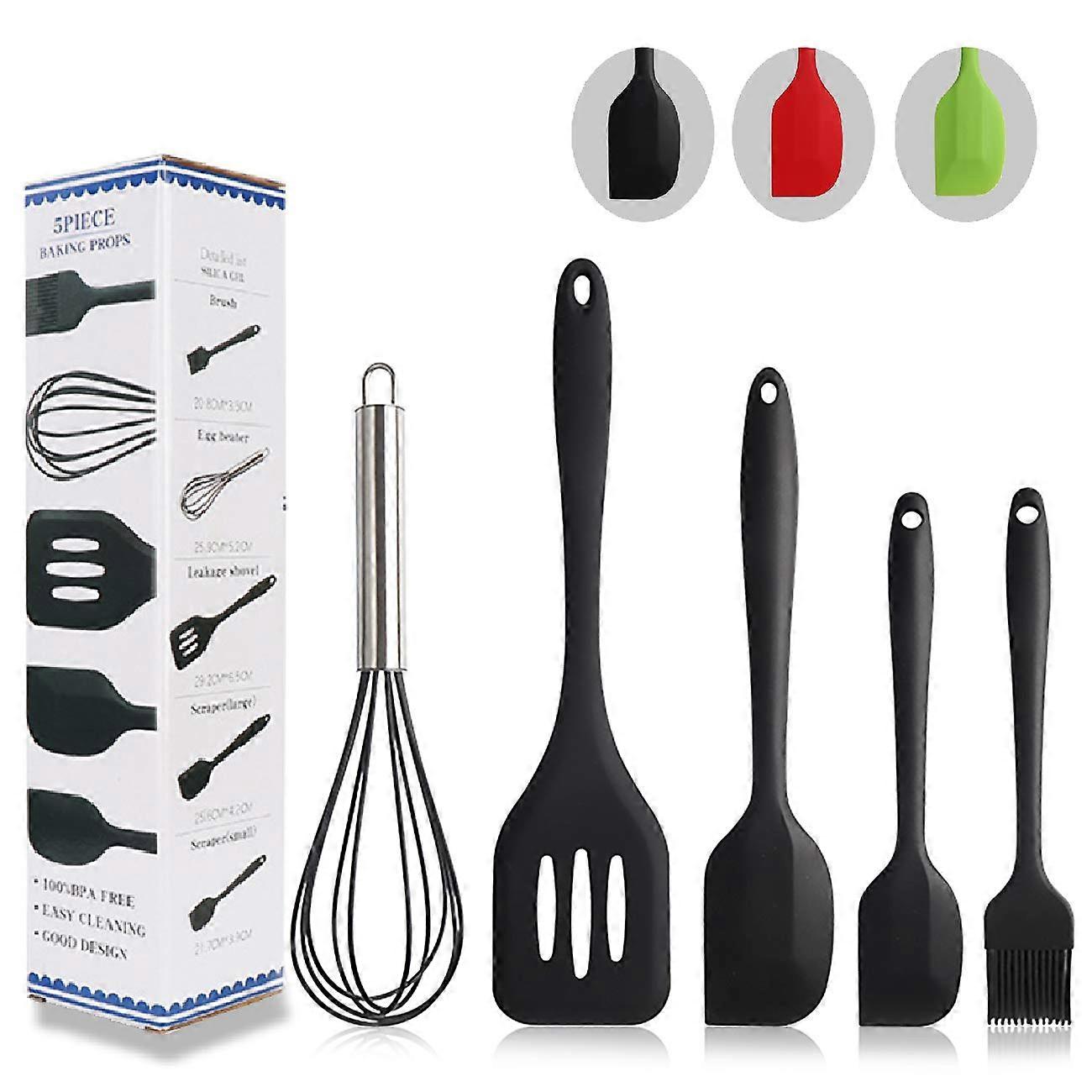 Silicone Cooking Utensil Set 5pcs Heat Resistant BPA Free Black One Piece Design Spatulas Whisk Baking Brush for Non-Stick Cookware