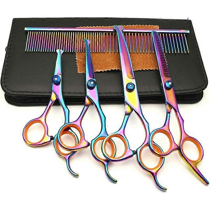 Favson Round Tip Pet Grooming Scissors Set, Pet Clipper Kit - Fraying Scissors, Curved Scissors, Comb Leather Box