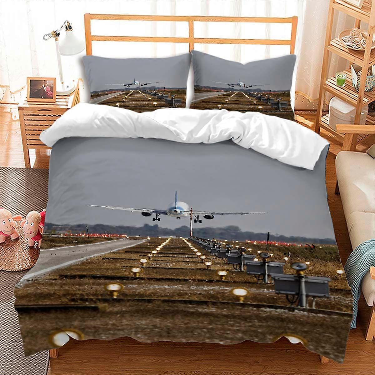 Airplane Duvet Cover Sets Queen Size 3D Print Comforter Cover Grey Runway White with Zipper Ties 2 Pillow Shams