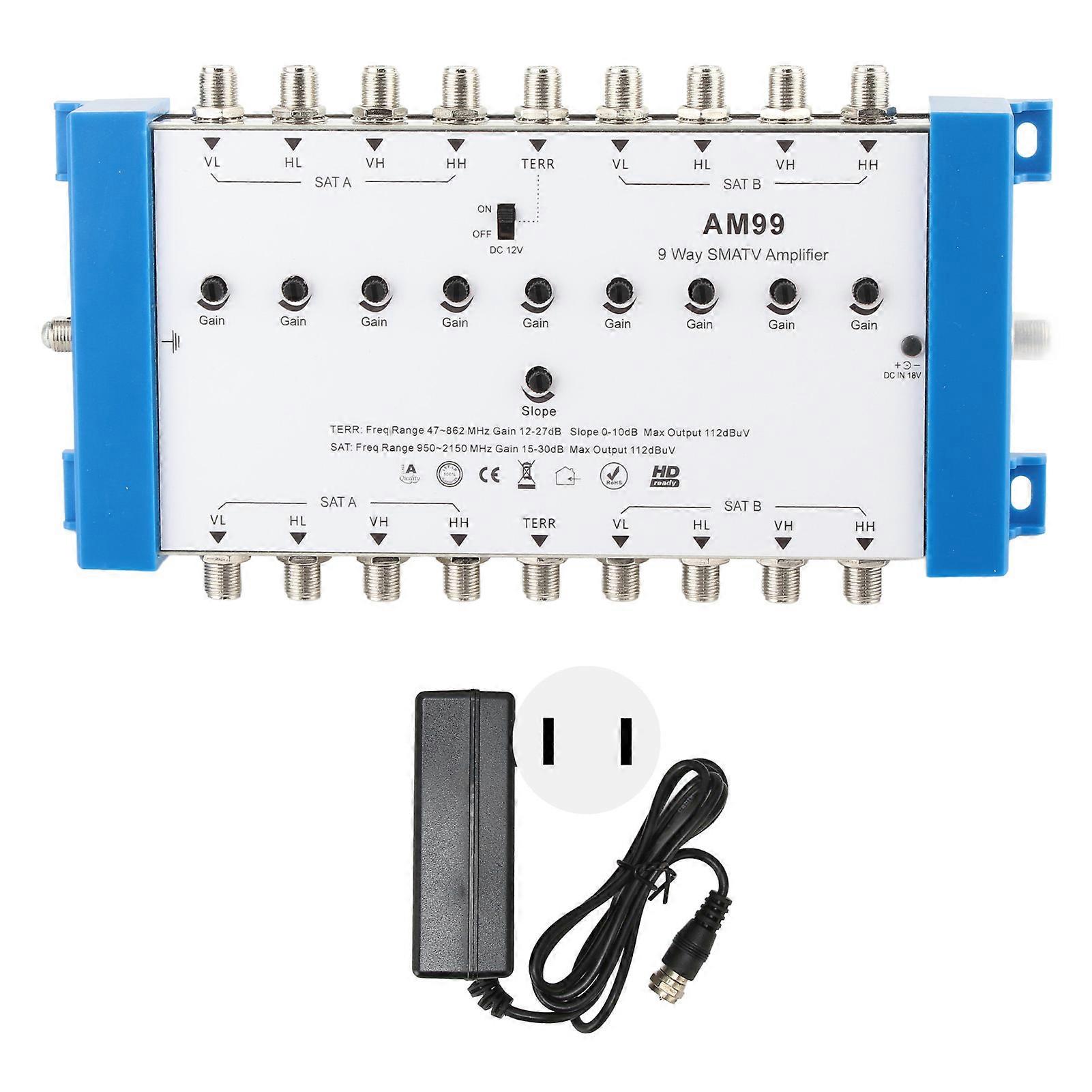 9 Way SMATV Amplifier Professional Plug and Play Satellite TV Splitter for Indoor Use 100‑240V