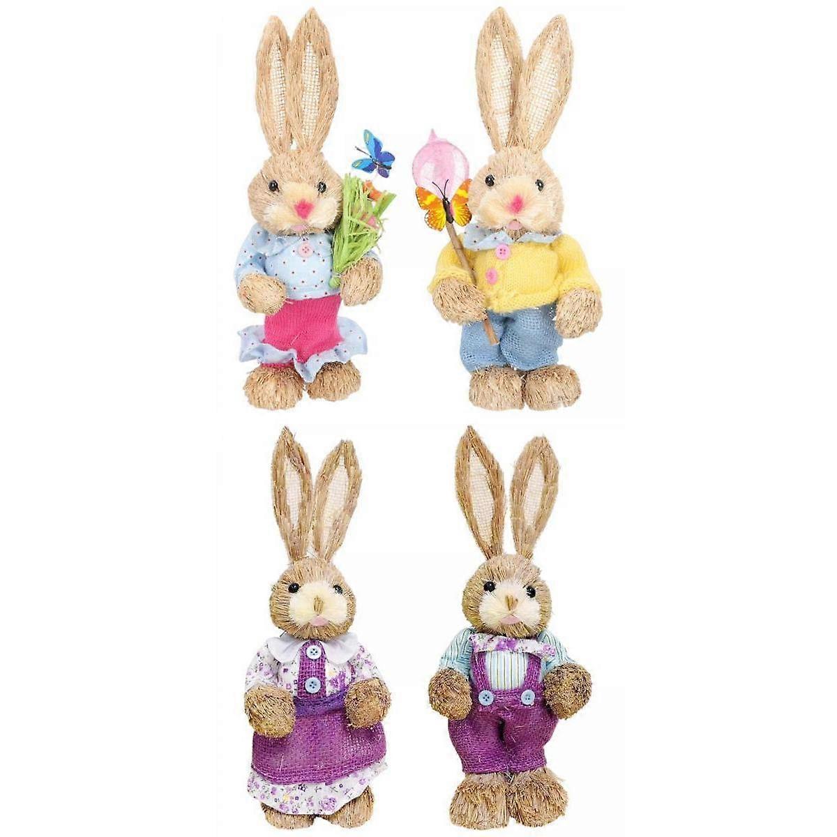 4x Straw Easter Rabbit Ornament Bunny Figurines with Clothes Indoor Tabletop
