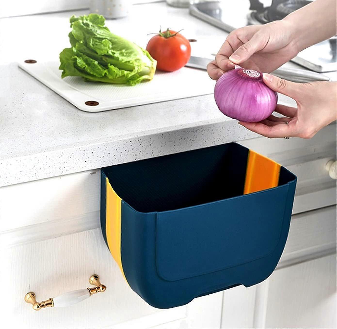1pc- 3 L (Blue Yellow) Mini Hanging Foldable Trash Can for Kitchen Cabinet Door, Small Collapsible Trash Can Under Sink, Wall Mounted Foldable Trash C