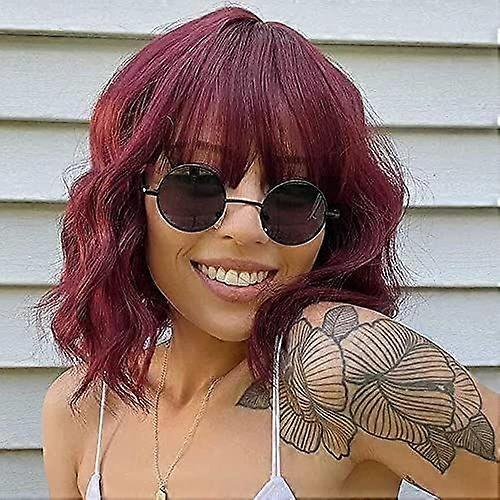 2025 Latest Model Short Wigs With Bangs Colored Red Wavy Bob Wig Synthetic Curly