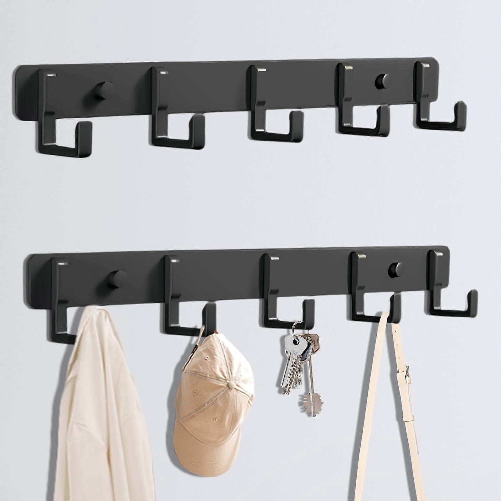 Pack of 2 Coat Racks, Rustproof Wall Hooks, Black Hook Rack with 5 Hooks, Coat Hooks with Screws, Coat Rack for Jackets, Coats, Handbags and More