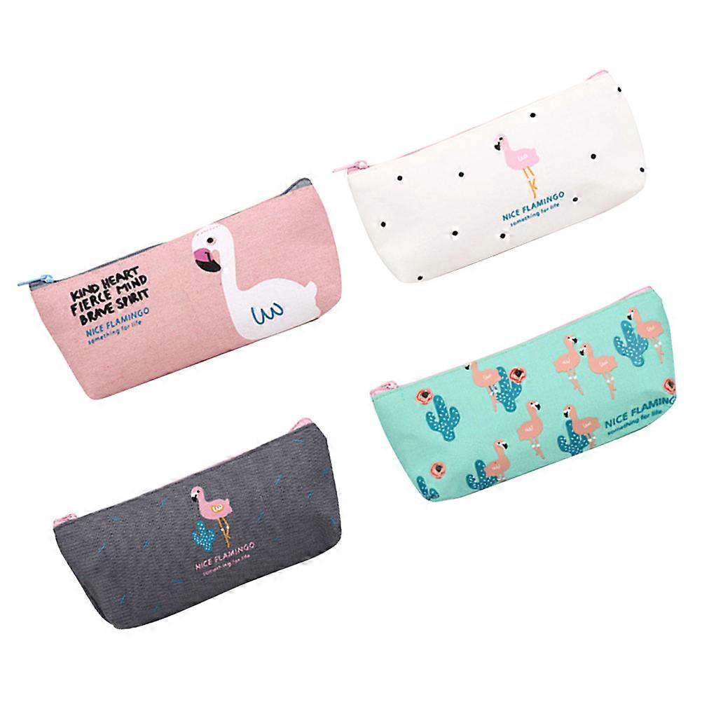 Pen Bag Canvas Pencil Case for Storage 4Pcs Flamingo Pattern Assorted Color