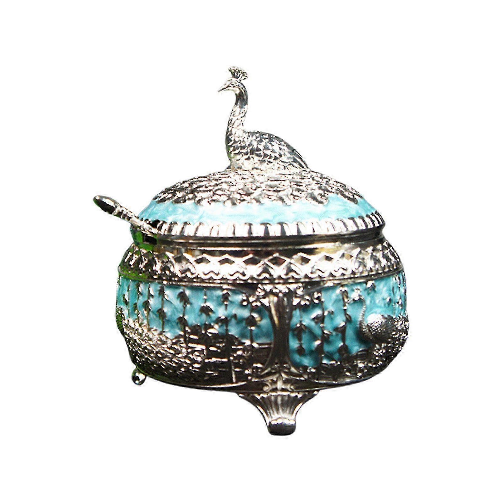 Elegant Peacocks Sugar Bowl with Lid and Spoon Alloy Crafted Candy Dish for Home Decoration Kitchen Tableware Accessory silvery white