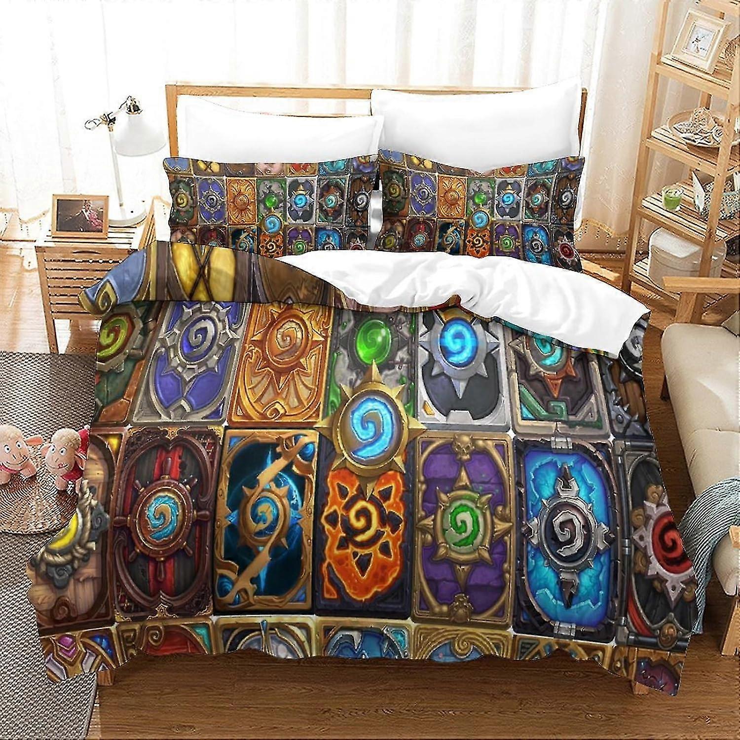 Kit de Cama Inspirado em Hearthstone Impresso em 3D com Design de Jogo Competitivo, Microfibra Macia, Conjunto de Capa de Edredom de 3 Peças, 2 Fronhas, Zíper Oculto