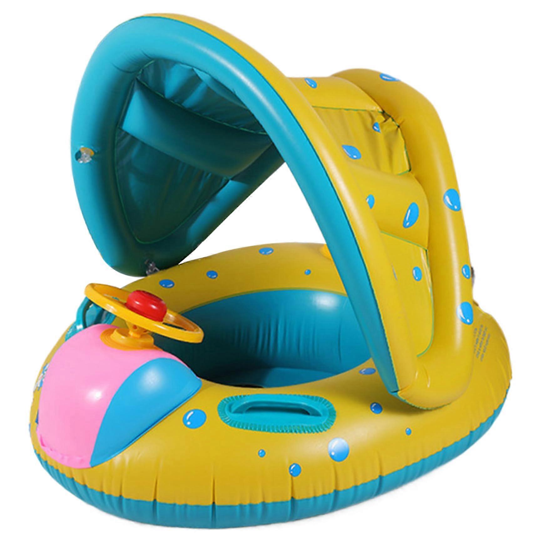 Baby Pool Swim Ring for Kids 6-48 Months, Inflatable Car-Shaped Float with Canopy and Non-Slip Grips for Ages 0-6 Months