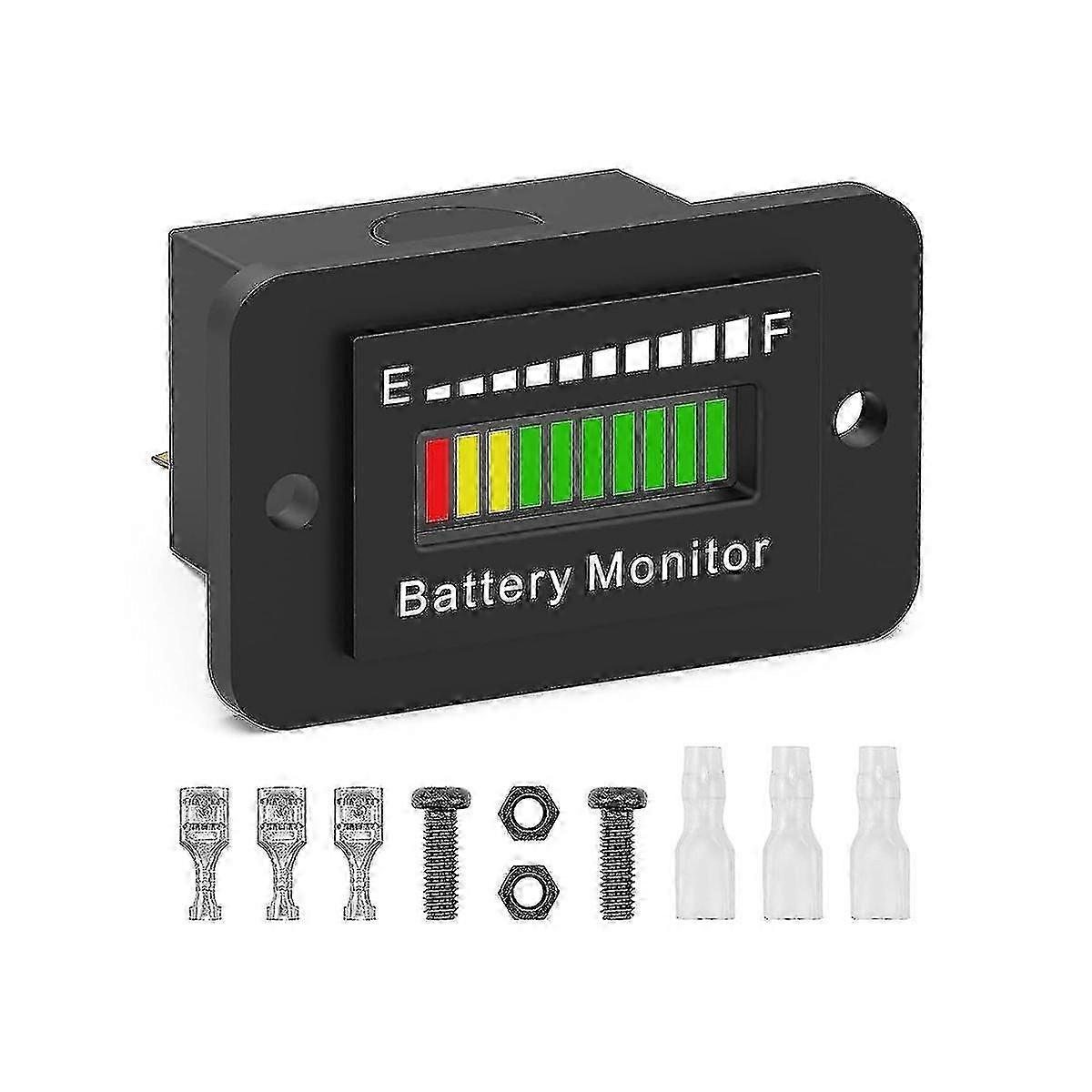 LED Battery Monitor Gauge - Voltage Fuel Indicator for 12V, 24V, 36V, 48V, 60V, 72V Lithium Ion Batteries