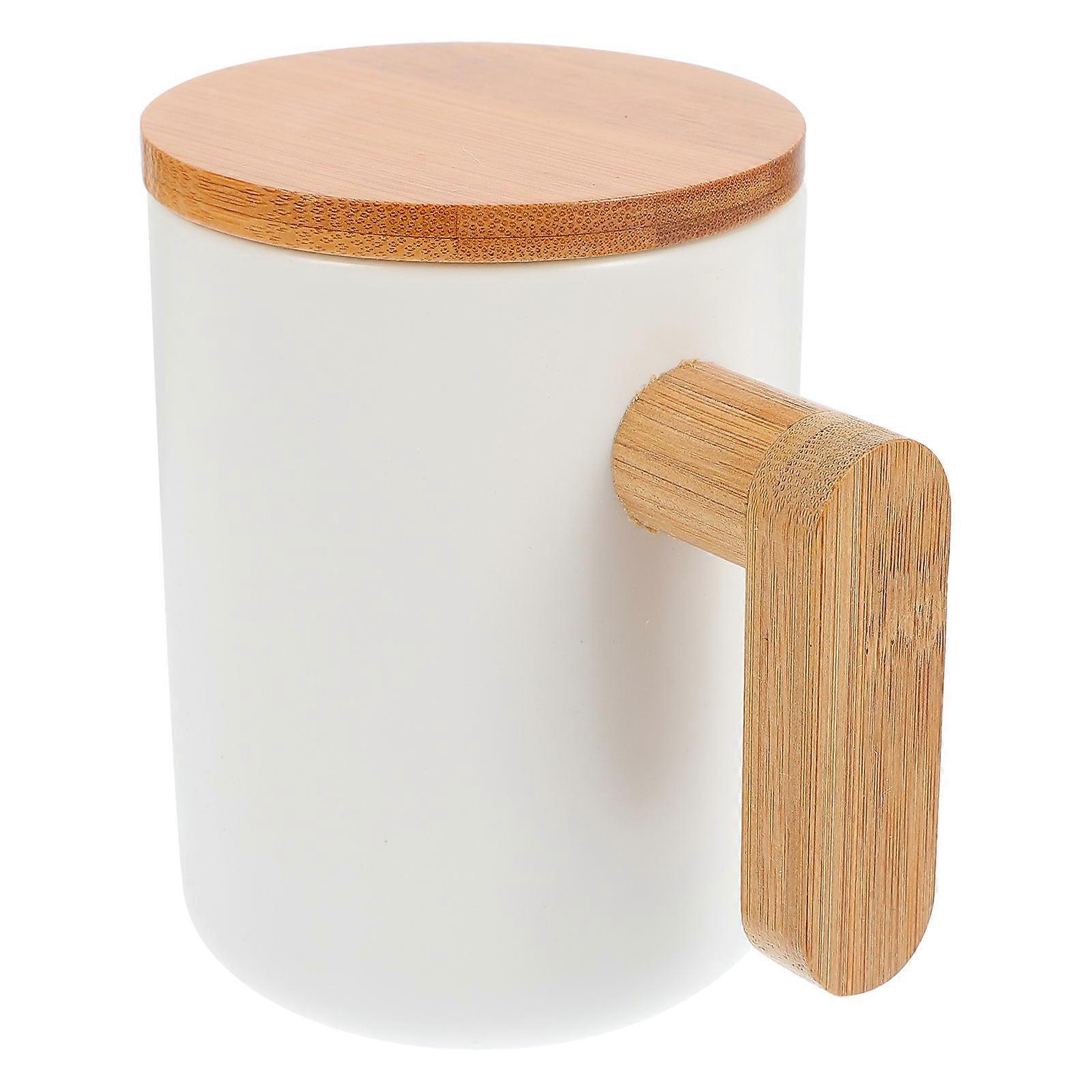 White Coffee Mug with Wooden Handle for Drinking Use Ceramic Travel Kit 1 Piece