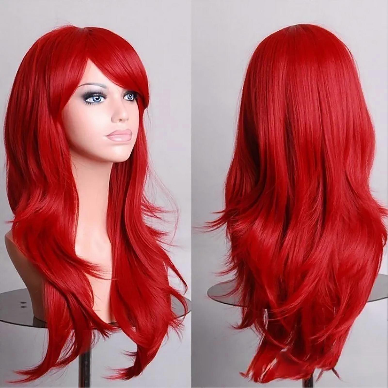 Red Long Curly Wig Universal Breathable Soft Comfortable Red Wig with Hair Net for Halloween Christmas Cosplay Party