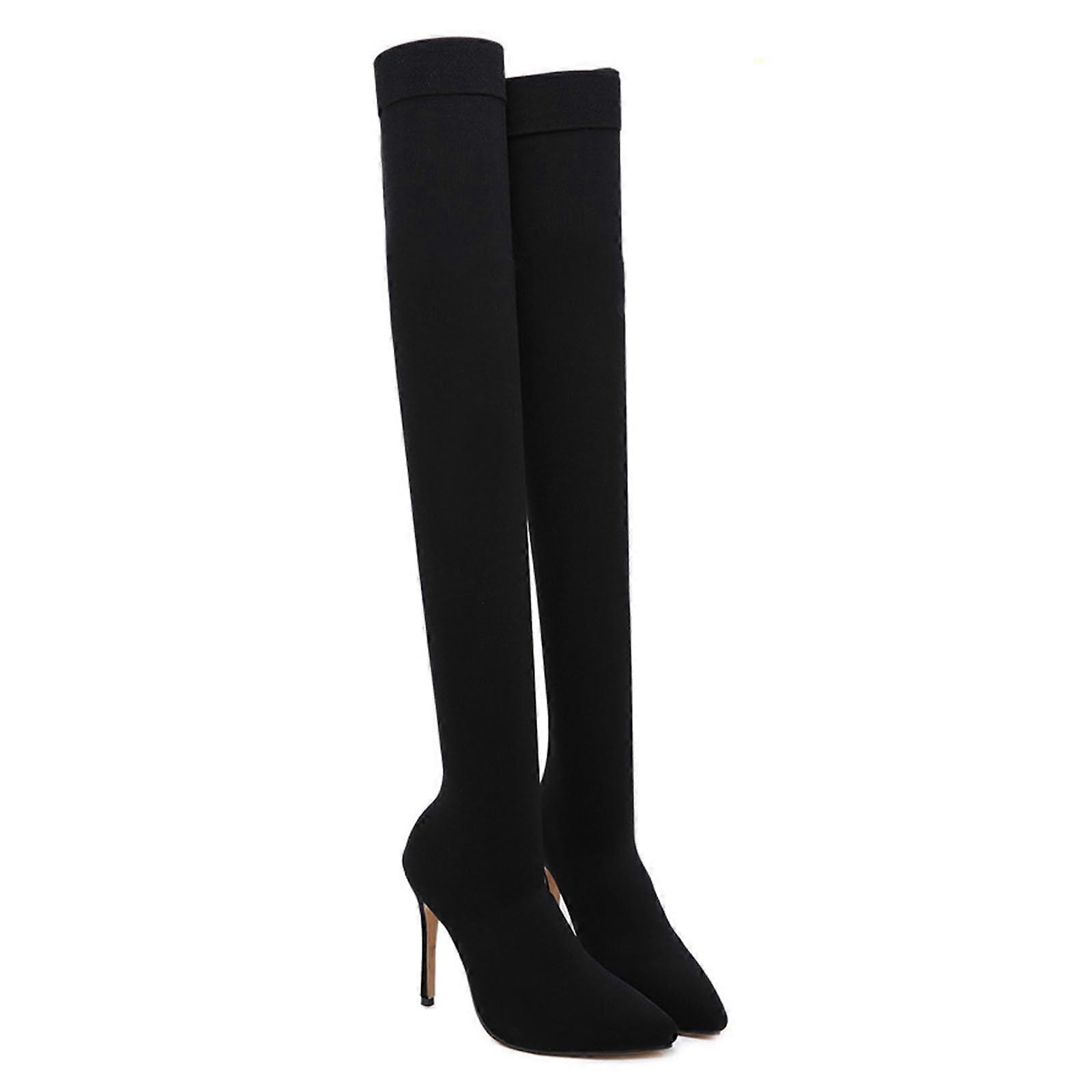 Above The Knee High Boots 11 cm Stiletto Heels Pointed Toe Elastic Suede Black 40 EU Autumn Winter Fashion