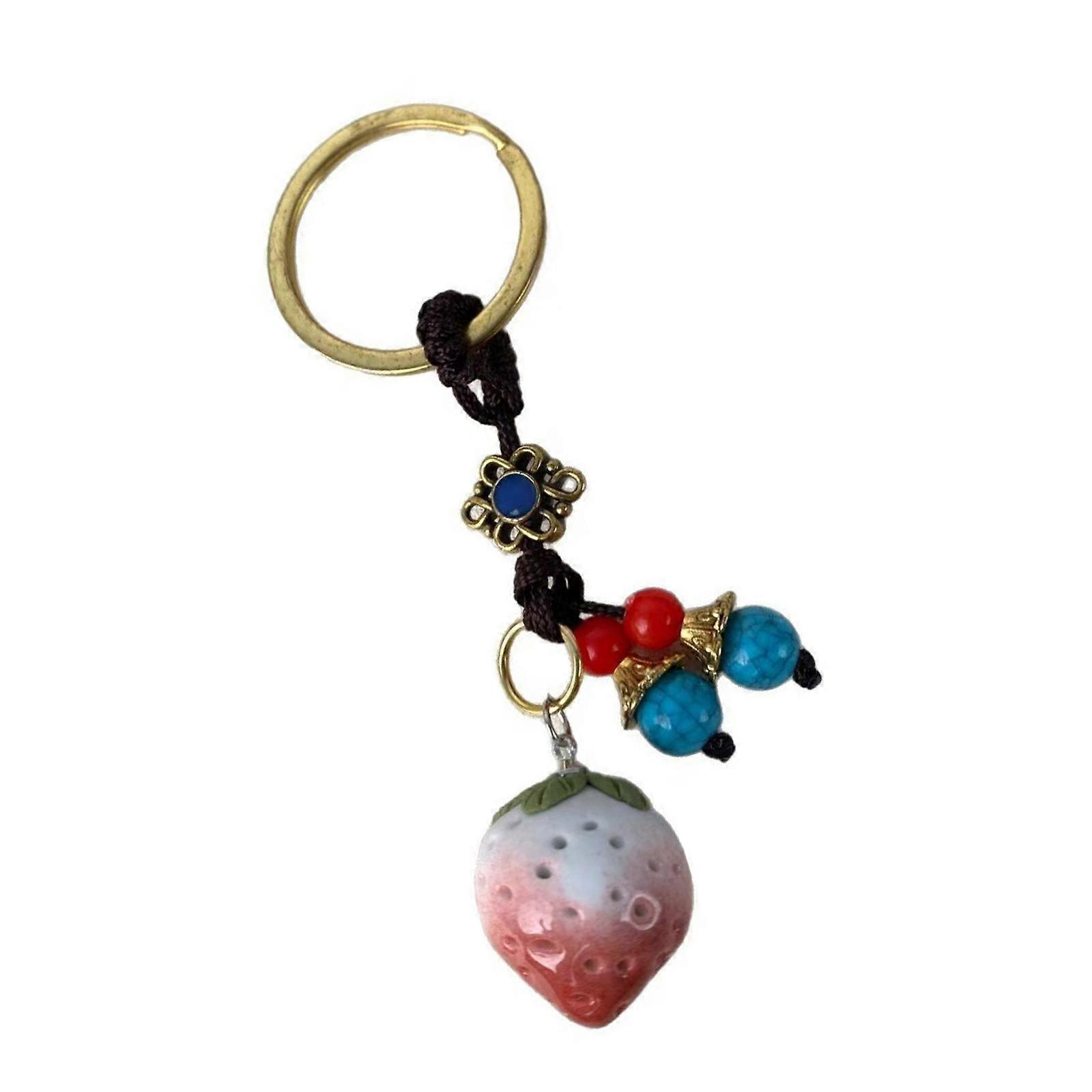 Bohemian Style Strawberry Keychain Handmade Ceramic Charm Woven Craftsmanship Decorative Pendant For Backpacks Purses Phone Charm Multicolor