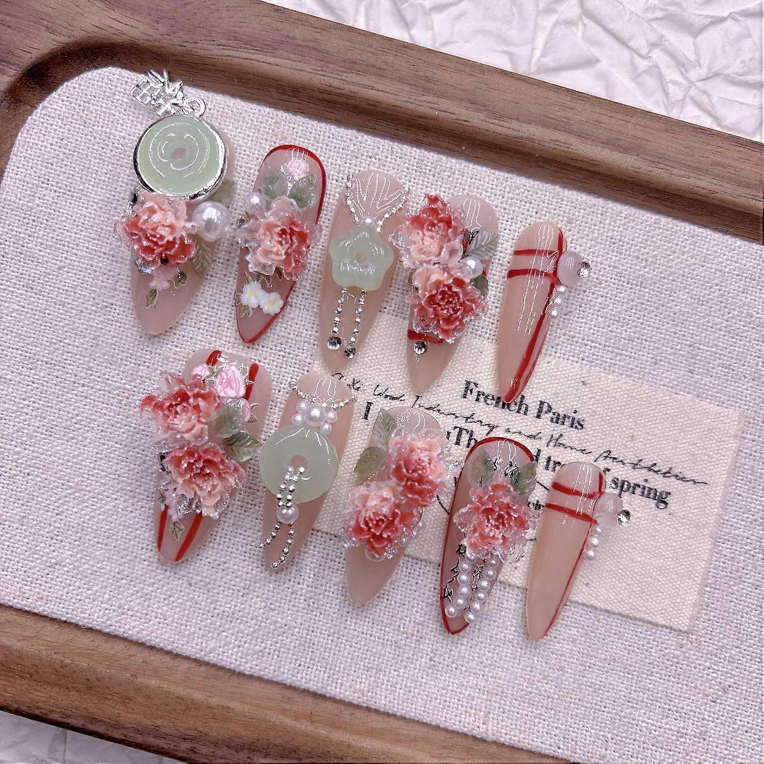 Pink Peony Press On Nails Chinese Nail Art Handmade Luxury