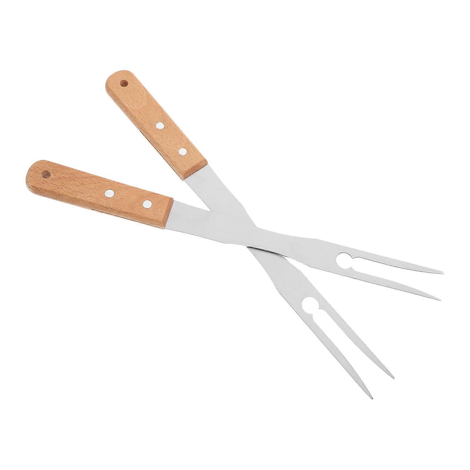 2pcs Stainless Steel Forks with Wood Handle Non Slip Meat Serving for Barbecue and Grill