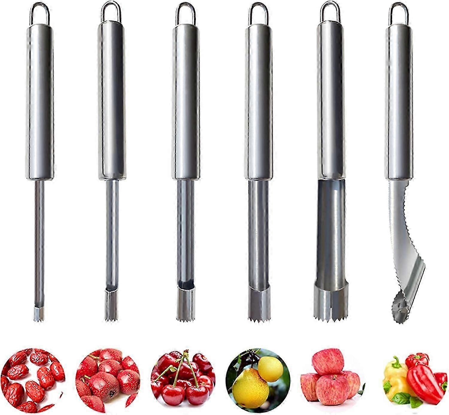 6 Pieces Corer and Pitter Fruit & Vegetable Multi-Function Stainless Corer and Pitter Remover Set for Apple, Pear, Cherry, Jujube, Red Dates, Berry, C
