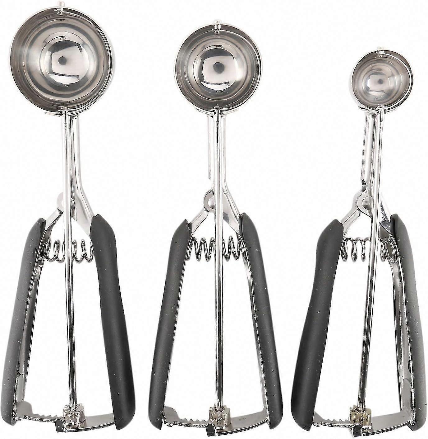 3 Stainless Steel Ice Cream Scoops with Non-Slip Rubber Handles for Baking & Cookie Dough