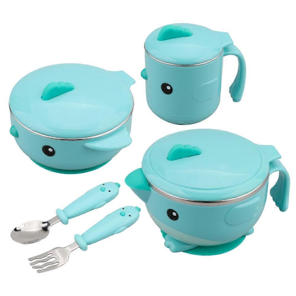 Infant Utensil Eating Non-Slip Heat Preservation Bowl Tablewares Spoon Fork SetBlue