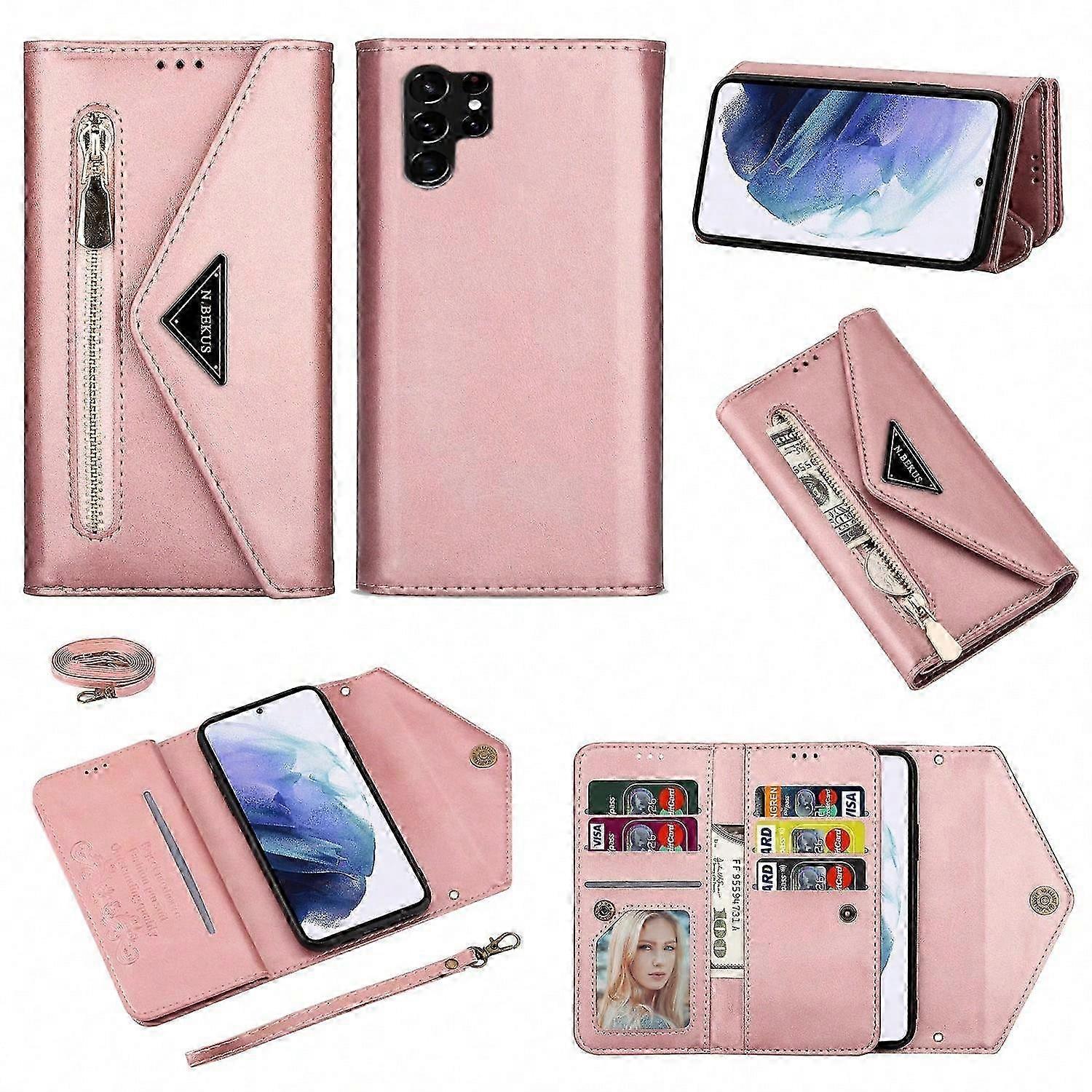 N.BEKUS For Samsung Galaxy S25 Ultra Cases Skin-Touch Leather Wallet Phone Cover with Straps - Rose 