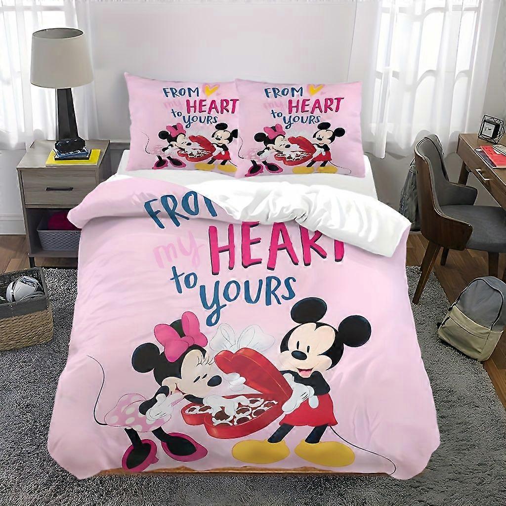 TE916 3pcs Mickey & Minnie Mouse Cartoon Bedding Set - Soft Polyester Duvet Cover & 2 Pillowcases with Heart Design, Machine Washable, A