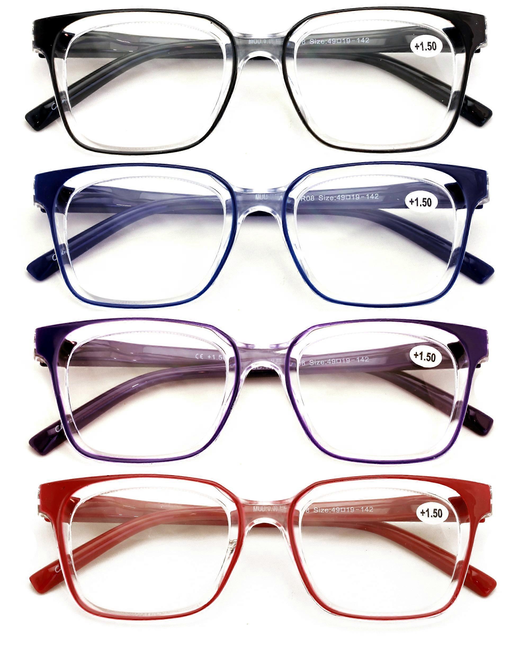 4 Pairs Transparent Reading Color Glasses - Spring Hinge Comfortable Clear Reader DR08 +1.25