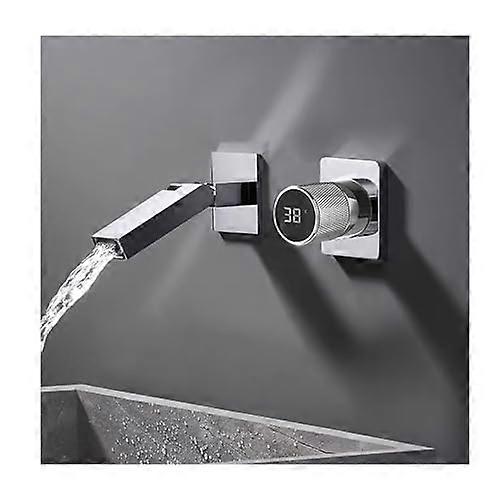 LED Temperature Display Wall Mounted Bathroom Faucet Waterfall Design SingleHandle Basin Mixer Brass Construction