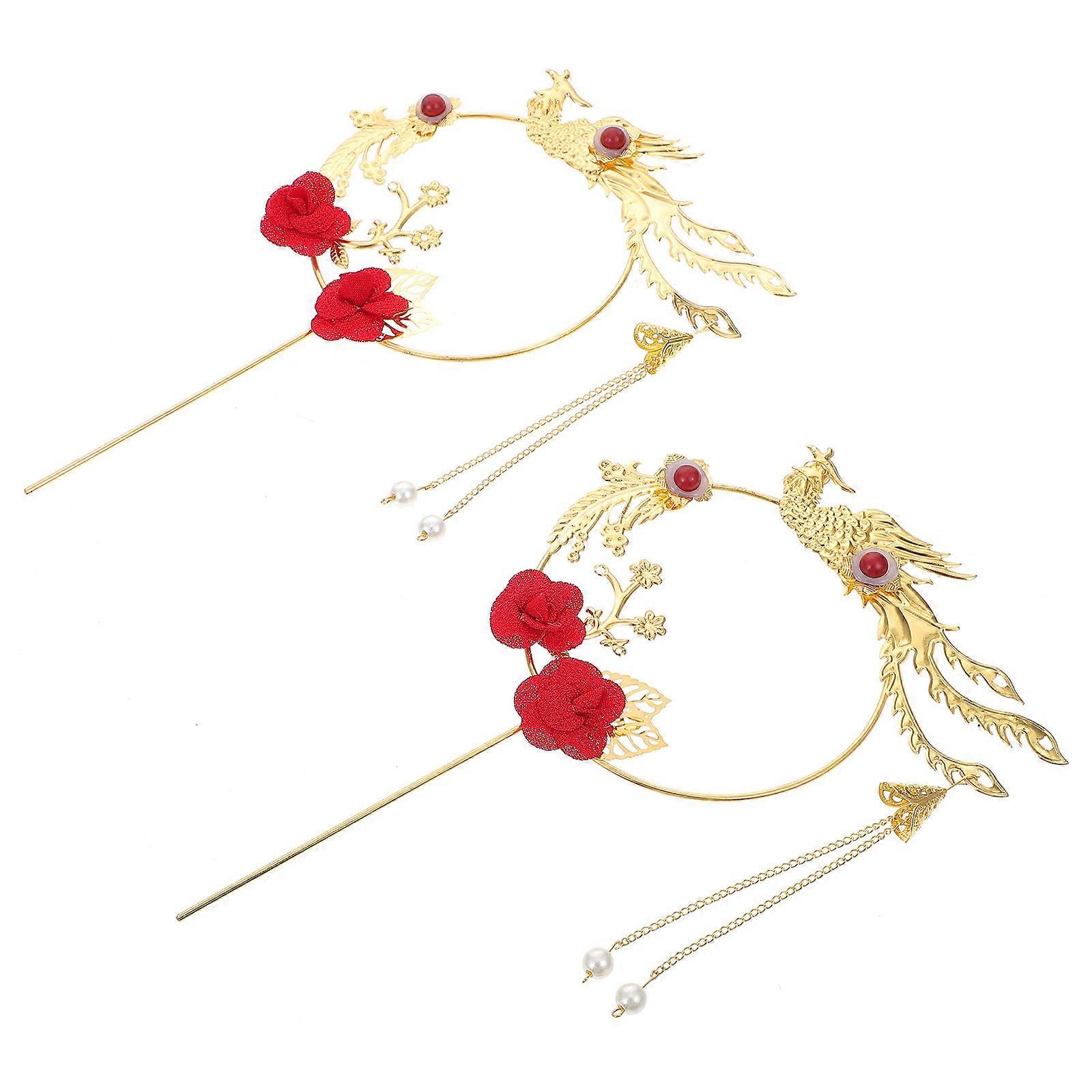 Red Flower Phoenix Cupcake Topper for Wedding Cake Decoration 2Pcs