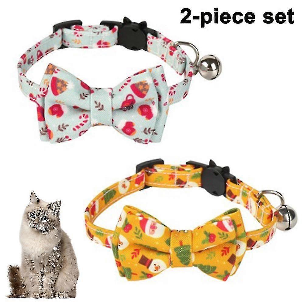 2 Pack/set Christmas Cat Collar Breakaway With Cute Bow Tie And Bell