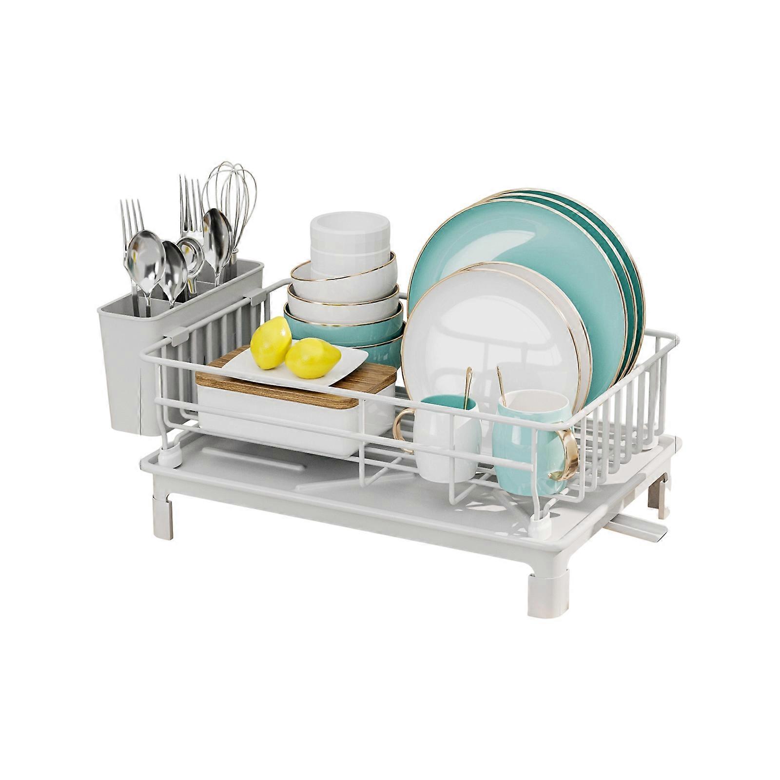 Modern White Iron Dish Rack Including Detachable Addition Tray and Effective Space Optimization Plan 38x26x15cm  White