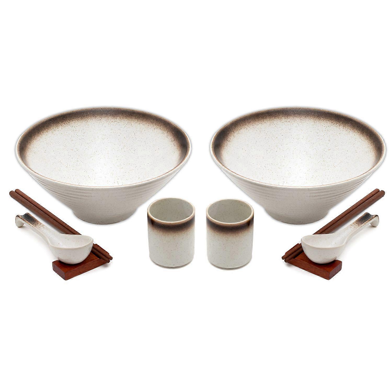 Ramen bowl set for 2 people made of ceramic in white - 1.1 liters - 2x bowl each chopsticks, spoon, mug and shelf - for noodle soup, rice, udon, bowls, bowl, Japanese soup