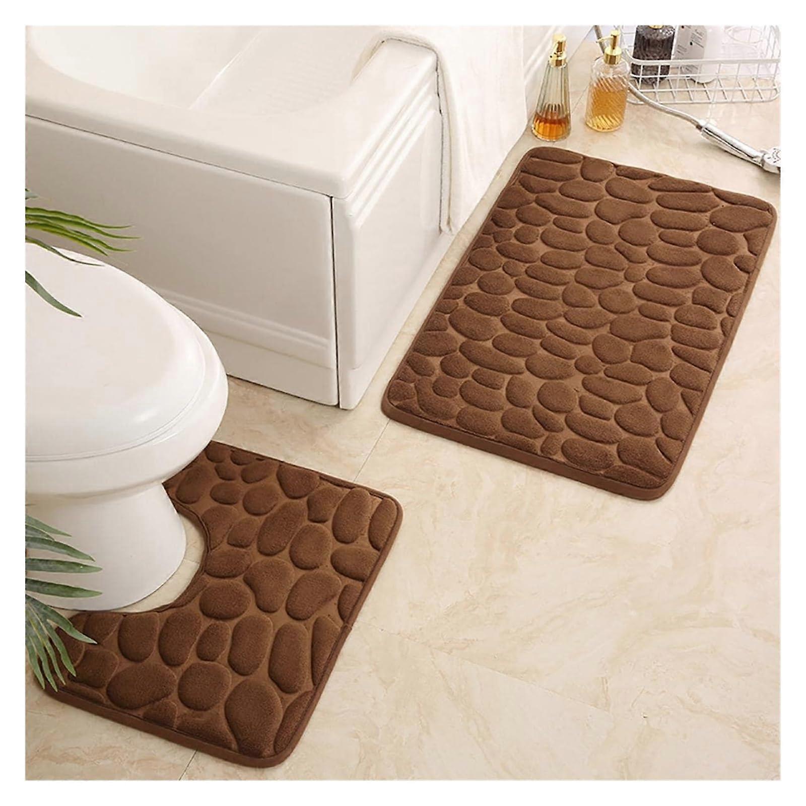 Bathroom Rug Set 3 Piece with Embossed Stone Pattern, Absorbent Non-Slip Mats for Toilet and Door, Washable Carpet (Chocolate)