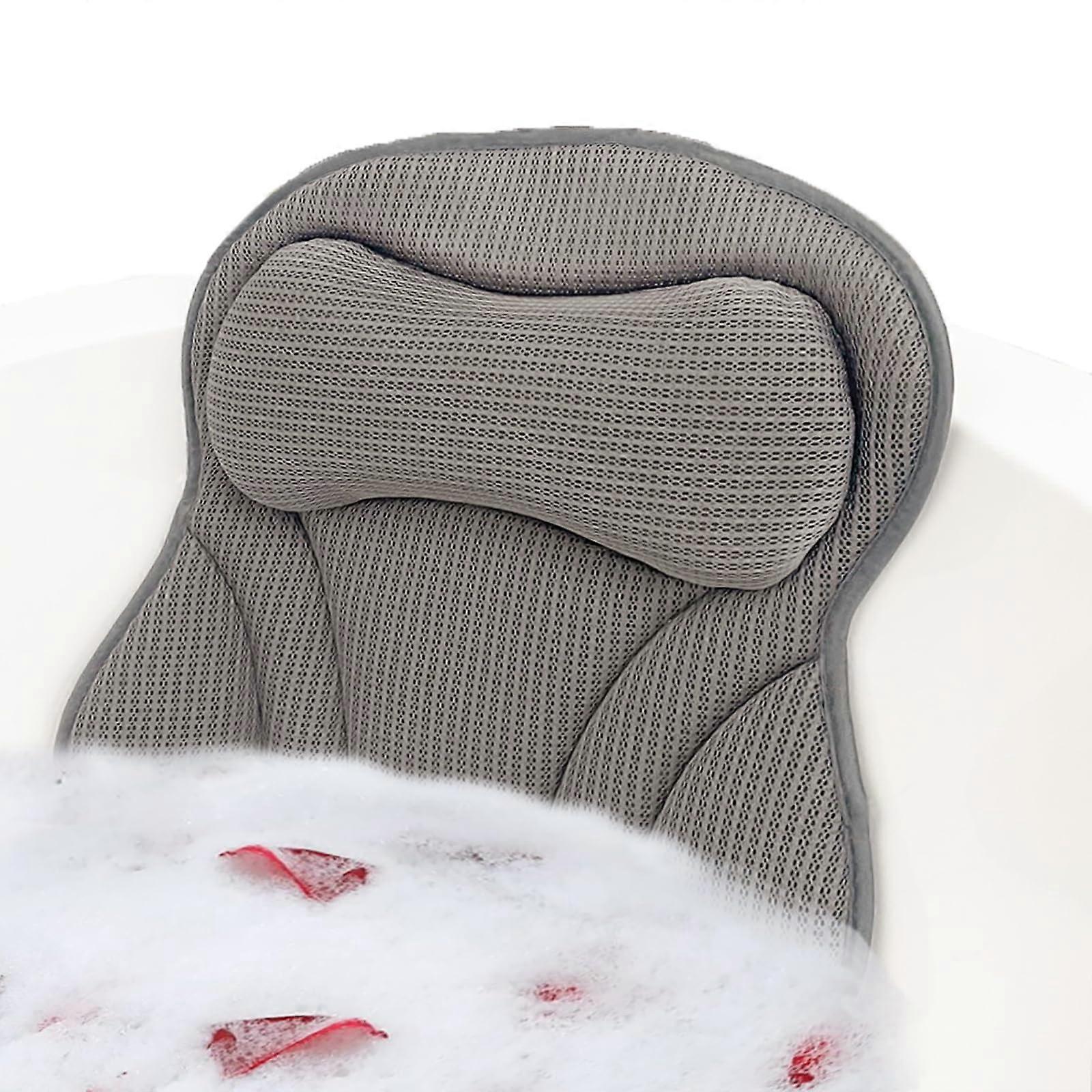 Bath Tub Pillow with 5D Breathable Mesh, QuickDry Neck Shoulder Support, AntiSlip Suction Cups, Gray
