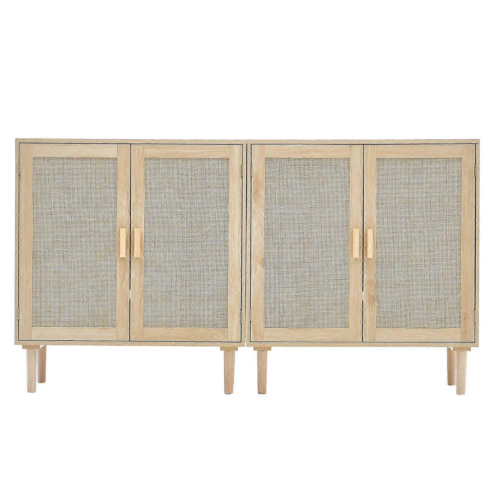 Rattan Cabinet, Set of 2, Rattan Storage Cabinet with 4 Magnetic Doors and Adjustable Shelves, Sideboard Buffet Cabinet, Natural