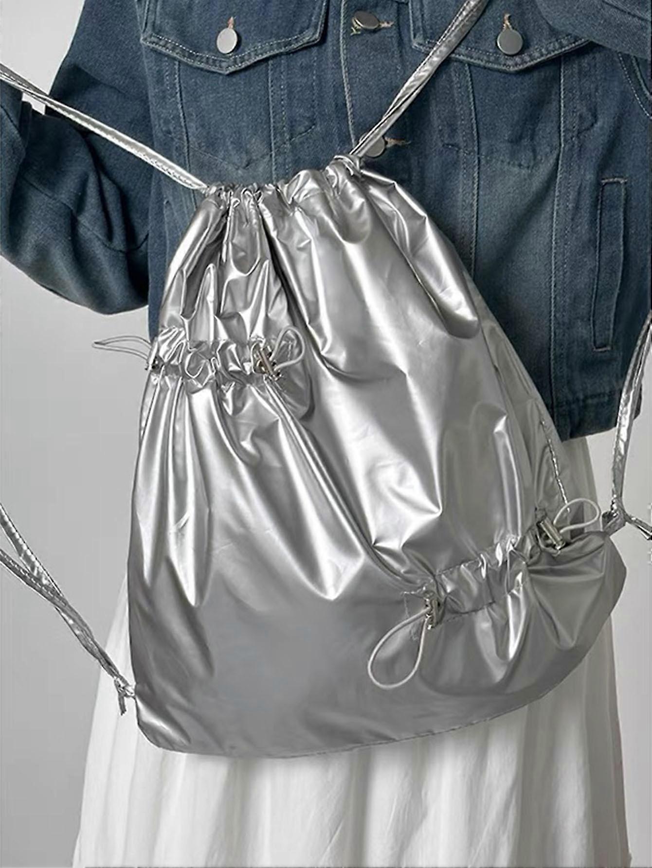 Women's White Drawstring Backpack 20L Water-Resistant Nylon Rucksack