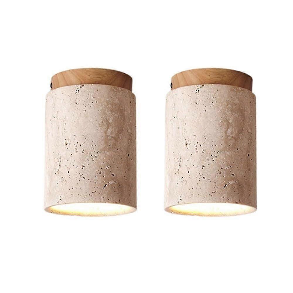 Set of 2 Modern Ceiling Lights, Travertine Flush Mount with Wood Accent, Farmhouse Fixture for Bedroom